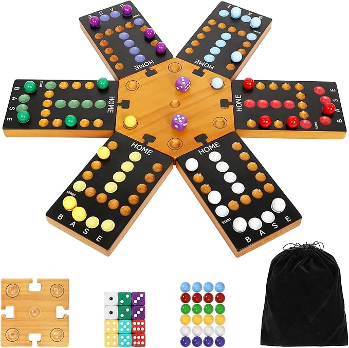 Marble Board Game Wooden Board Game for 4 and 6 Players Portable Original Marble Game with 24 Marbles 12 Dice for Family Friends Party Game Night Black