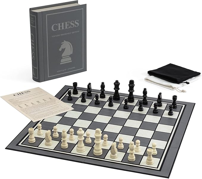 WS Game Company Chess Vintage Bookshelf Edition Classic Strategy Game Set in Linen Wrapped Book Box &amp Slipcase - Full Size Folding Board Wooden Pieces - Chess Sets for Adults &amp Kids Ages 9+