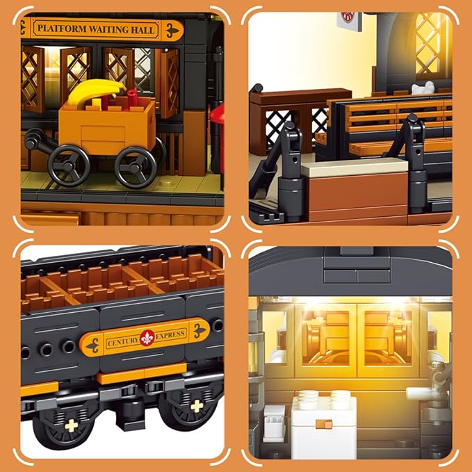 39117 Cowboy City Train Station Building Blocks with LED Lights 2640 PCS Western Railway Station &amp Steam Train Model Kit for Adults Wild West Architecture