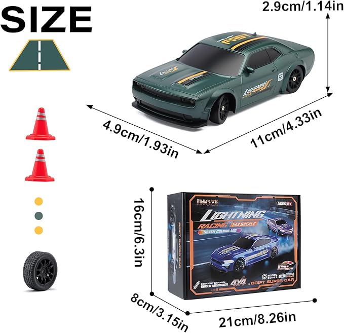 1:43 Scale Mini Racing Drift Car Model2.4GHz Remote Control Car 4WD High Speed Race with LightsRacing TiresRC Toys Hobbyist Gift for Adults Kids Boys Girls (Green)