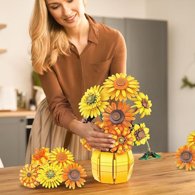 Van Gogh Sunflower Building Set Adjustable Flowers Bouquet for Adults Teens 1009PCS Botanical Collection Compatible with Lego Home Decor Gift for Any Occasion