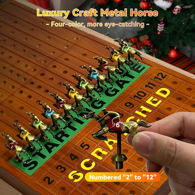 Large 23 inches Horse Race Board Game with Luxury Metal Numbered Horses 4 in 1 Foldable Wood Horse Race Board Game with Dice Poker Chips/Chess &amp Checkers/Tic Tac Toe for for Adults Family Parties