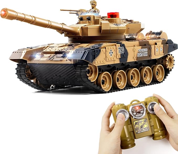 1/24 Remote Control Tank 2.4Ghz Russian T-90 RC Tank &amp 330° Turret Rotation 2× Rechargeable Batteries Army Toys for Boys Infrared Battle Toy with Lights Smoke and Sound Effect Gift for 4+ Kids