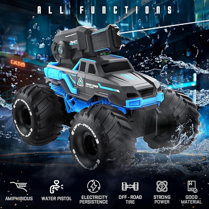 BEZGAR 1:16 Monster Truck Toys Remote Control Car Amphibious RC Cars Pickup Boat with Shooting Water Gun - 4WD Waterproof All-terrian Off-Road Vehicles Gifts for Kids Boys Age 6-12