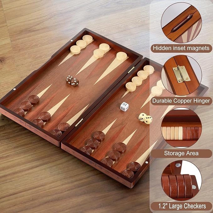 Handcrafted Wooden Backgammon Set 16 Large Size Classic Two-Player Strategy Board Premium Travel Game Board for Adults &amp Teenagers