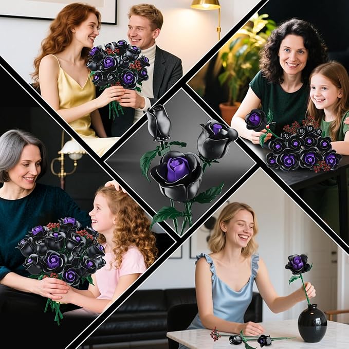 HOGOKIDS Flowers Bouquet Building Set - 15 Black Roses Botanical Collection Building Blocks Artificial Flower Toy 330PCS Gothic Home Decors Easter Gift for Her Girlfriend Wife Adults Teens Kids 8+
