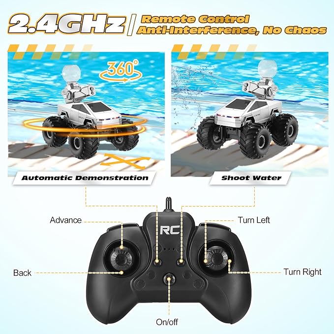 Remote Control RC Truck 1:16 Amphibious Remote Control Car with Water Squirt Waterproof RC Monster Truck 4WD All-Terrain Off-Road Pickup RC Trucks Gift for Kids Boys
