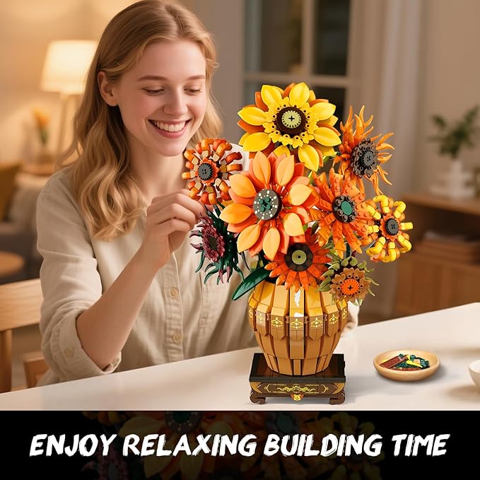 Sunflower Building Set with Lights Vase Base Flowers Botanical Collection Building Block Valentine's Day 1180PCS Art Bouquet Bonsai Plant Building Kit Gift for Adults Teens Girls Boys 12+