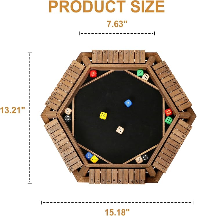 Exqline Shut The Box Game for 2-6 Players Wooden Board Table Math Game with 14 Dice 6 Way Classic Puzzle Board Games for Home Classroom or Pub