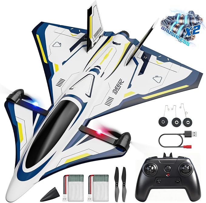 DEERC 4CH Brushless RC PlaneSci-Fi Remote Control Jet Hobby Airplane with LED Lights RTF Aerobatic Aircraft Toys2.4GHz 6-axis Gyro Stabilizer EPP Glider Aircraft Plane for Adults Beginners Advanced