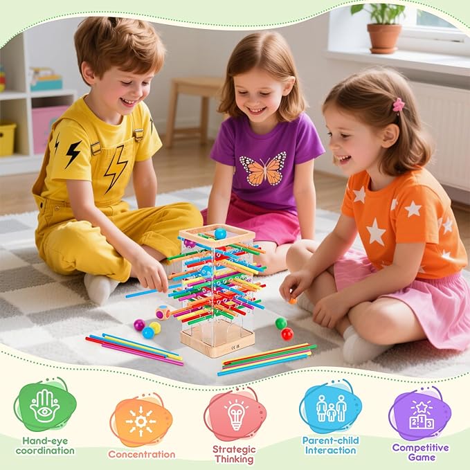 Montessori Wooden Board Games 48 Colorful Sticks Dice Game with 12 Balls Family Game for Kids and Adults Math Educational Toys for 3 4 5 6 Years Old Fine Motor Skills Toy Gifts for Boys and Girls