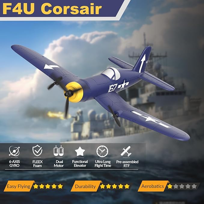 RC Plane F4U Remote Control Airplane 2.4GHz 3 Channel Fighter with 6 Axis Gyro Stabilizer Easy to Fly for Adults Beginners