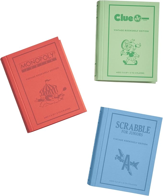 WS Game Company Junior Vintage Bookshelf Edition 3-Pack Board Game Bundle with Monopoly Junior Scrabble for Juniors and Clue Jr. in Premium Linen Fabric-Wrapped Storage Book Cases for Kids Ages 5+