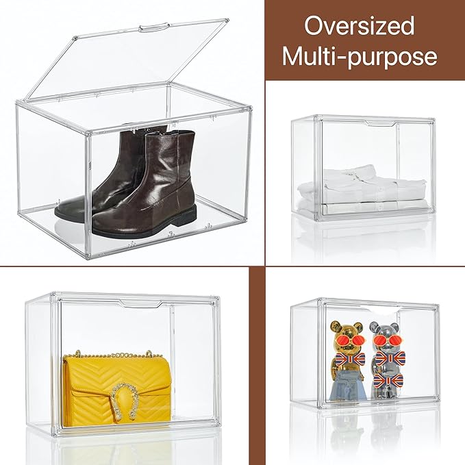 Attelite XXX-Large Clear Display Case Stackable Plastic Storage Bins with Lid 2 Tiers Boot Shoe Box Organizers with an Adjustable Divider Big Acrylic Display Storage Box with Magnetic Door