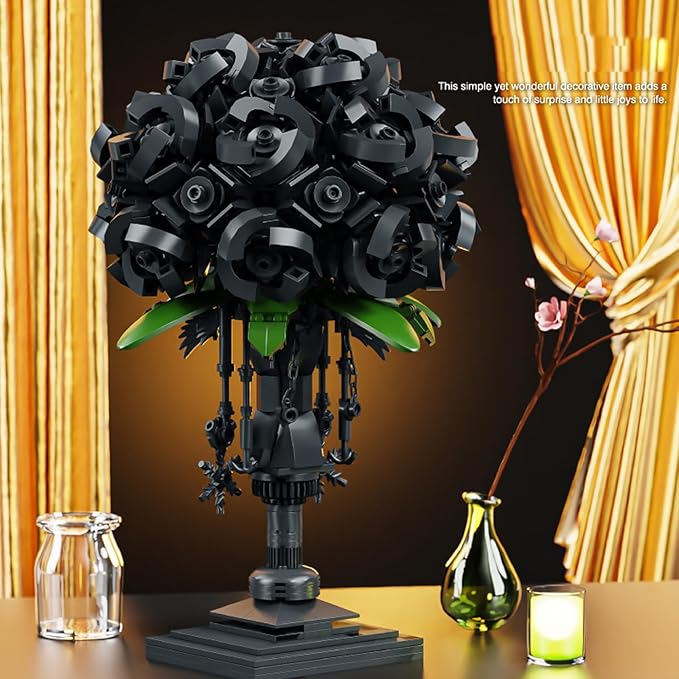 Black Rose Building Block Flower Decor Gothic Style Brick-Built Floral Bouquet for Home &amp Office Compatible with Lego Dark Romantic Black Flowers DIY Display Gift for Adults