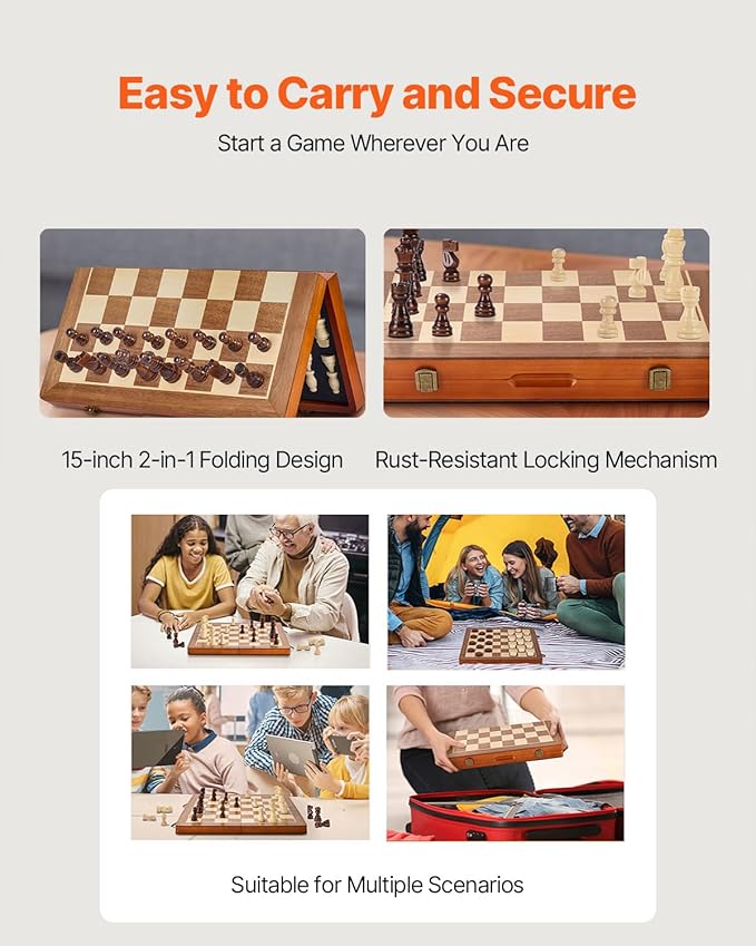 VEVOR 15-inch Magnetic Wooden Chess Set 2-in-1 Folding Chess and Checkers Game for Adults and Kids Portable Travel Chess Set with 2 Queens Ideal for Tournaments Professionals and Beginners