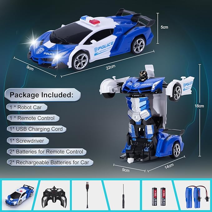 Wrystte Remote Control Police CarGesture Sensing Transform Robot 2.4G RC Cars Toys for Ages 4-12Boy Toys with Light MusicOne Button Deformation360 Rotating Drift Xmas Birthday Gift for Boys Girls