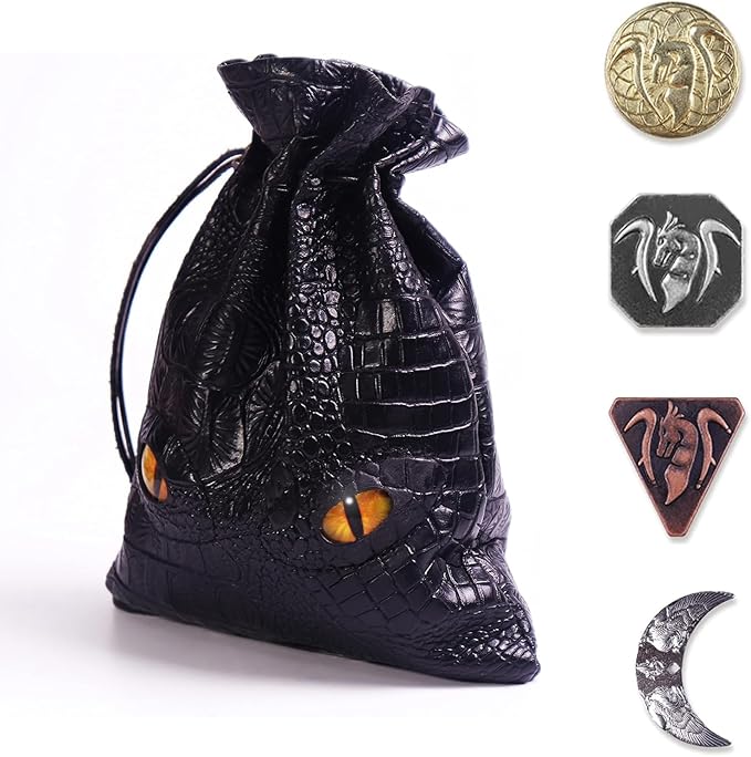 Byhoo 145 PCS Metal DND Coins &amp Leather Bag Contains 60 Gold Coins 40 Sliver Coins 40 Copper Coins and 5 Platinum Coins Tokens with Glow in The Night Eyes Bag for RPG Tablelap Games