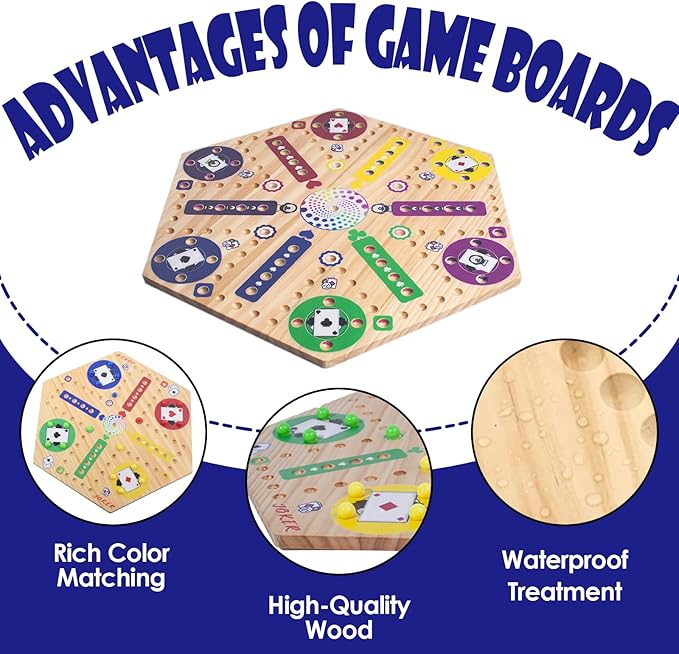 Fast Track Marble Board Game Wahoo Board Game Double Sided Painted Fast Track Board Games for 6 and 4 Players Includes 6 Colors 30 Marbles 1 Deck of PVC Playing Cards 1 Canvas Bag