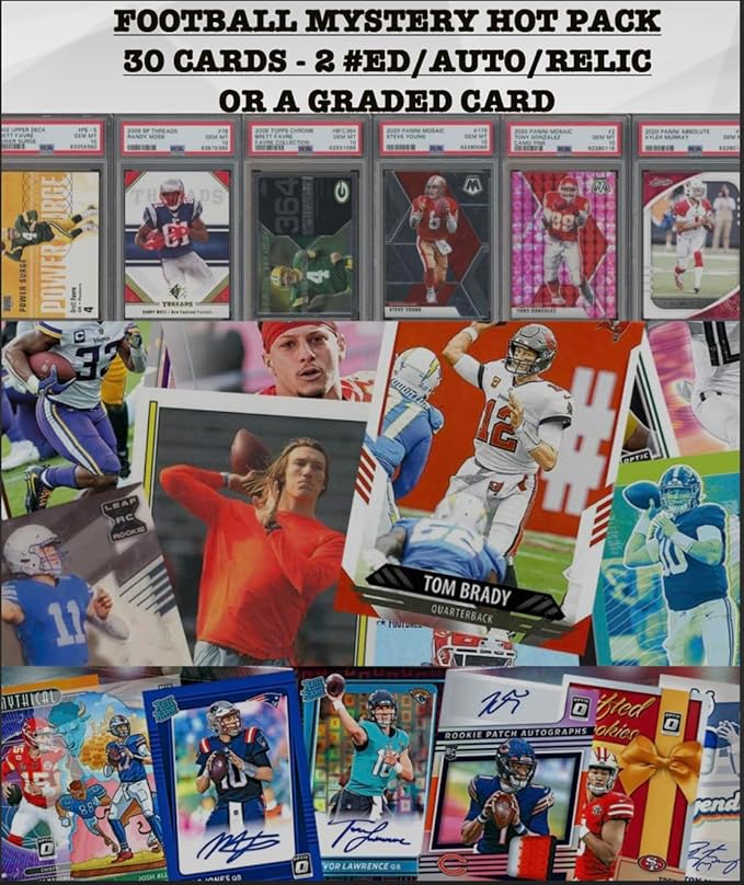 Football Mystery Hot Pack - 25+ Cards - 2 Hits or Graded Guaranteed - #'ed Relic Auto PSA or BGS 8+ 10 Legends HOF Rookies Inserts Color Parallel SP or Top Player