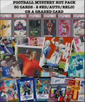Football Mystery Hot Pack - 25+ Cards - 2 Hits or Graded Guaranteed - #'ed Relic Auto PSA or BGS 8+ 10 Legends HOF Rookies Inserts Color Parallel SP or Top Player