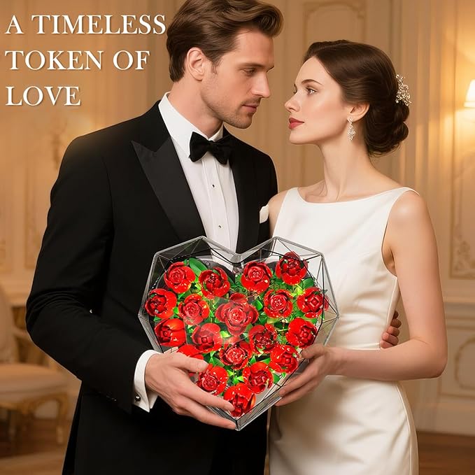 Flower Bouquet Building Set with LED Lights - 19 Rose Red Botanical Collection Block Toy with Heart Shaped Cover for Adult Her Lover Wife Women Girls 8-12+