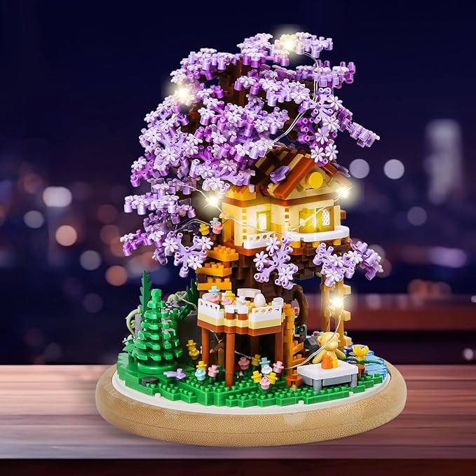 DIY Flower Building Toy Sets Miniature Cherry Blossom Tree House Building Kit Purple &amp Yellow Sakura Flowers Building Blocks Set for Adults &amp Girls - Bonsai Tree Model with Dust Cover