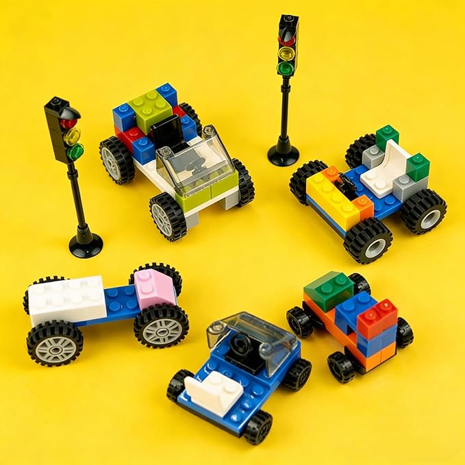 BroTex Wheels and Axles Sets with Steering Wheels&amp &ampWindshield&ampTraffic Light Over 400pcs Classic Bricks Pieces and Car Parts Kits Basic Bulk Building Blocks Vehicles with Tires