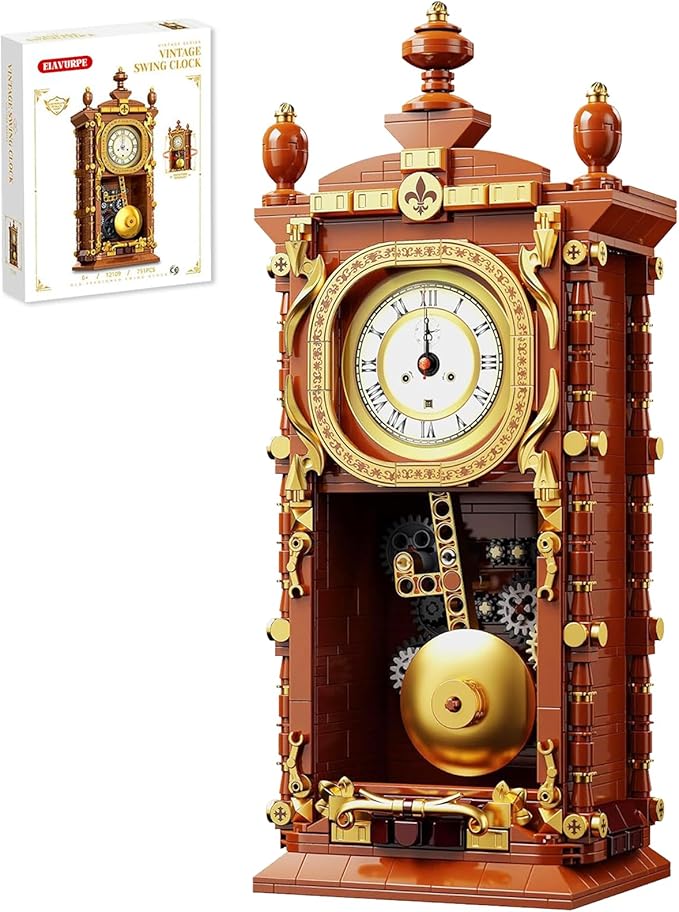 Retro Clock Building Block Set Mechanical Pendulum Vintage Clock Toy with Real Functional Timepiece &amp Moving Gears Home Decor &amp Housewarmings Gift for Man Woman &amp Adults Kids Ages 6+ (75