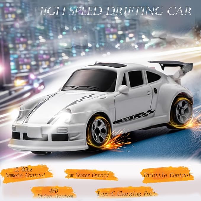 Mini RC Drift Car 1/64 RC Remote Control Car High Speed 2.4GHz Full Proportional RTR Micro Sports Racing Drift 4WD HobbyFast Race Vehicle with Lights Model Toys Gift for Kids Boys Adults