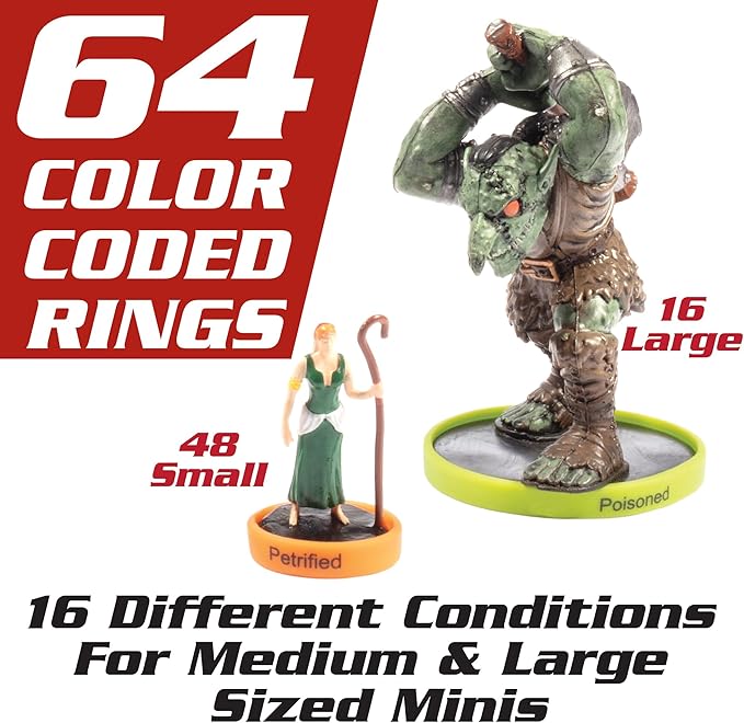 Deluxe Condition Rings w Wooden Case (64 Rings for Standard &amp Large) - 16 Conditions DND Flexible Design- Easy Affix Base Slides Under Figure- Works with Dungeons Dragons Pathfinder &amp All RP
