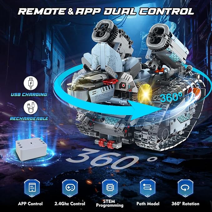 Robot Building Toy with Lights 5 in 1 Robotic Building Set with APP &amp Remote Control RC Tech Tracked Tank Car Fighter Jet Model Kit 795 PCS Easter Gift for Kids Boys Girls Ages 8+