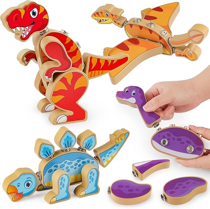 Coogam Dinosaur Snap Together Building Toys Wooden Take Apart Dinosaur Playset STEM Montessori Educational Fine Motor Skill Toy Gift for 3 4 5 Years Old Kids