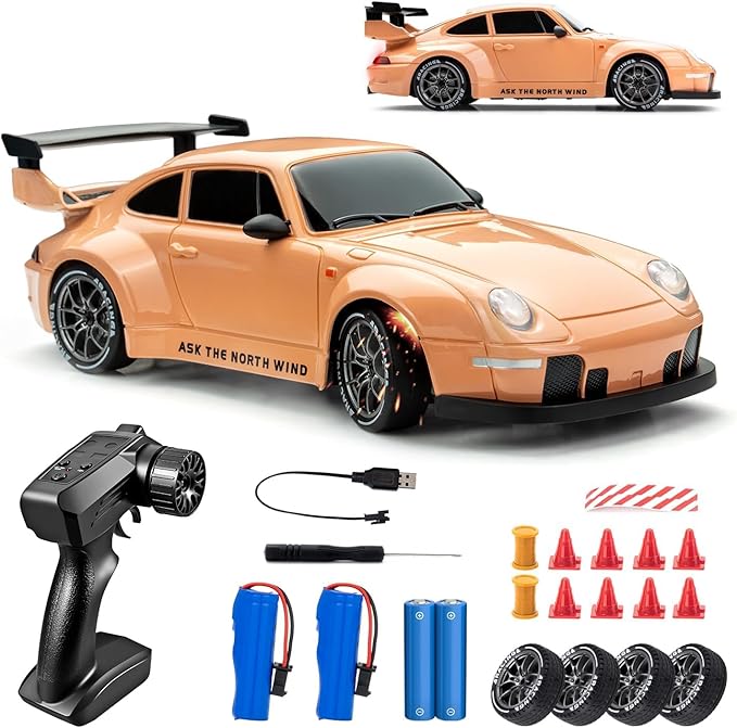 RC Drift Car 1:24 Scale Remote Control Vehicle with LED Lights 2.4GHz 20KM/H 4WD High Speed RC Cars Drifting Tires＆Two Batteries. (Orange)