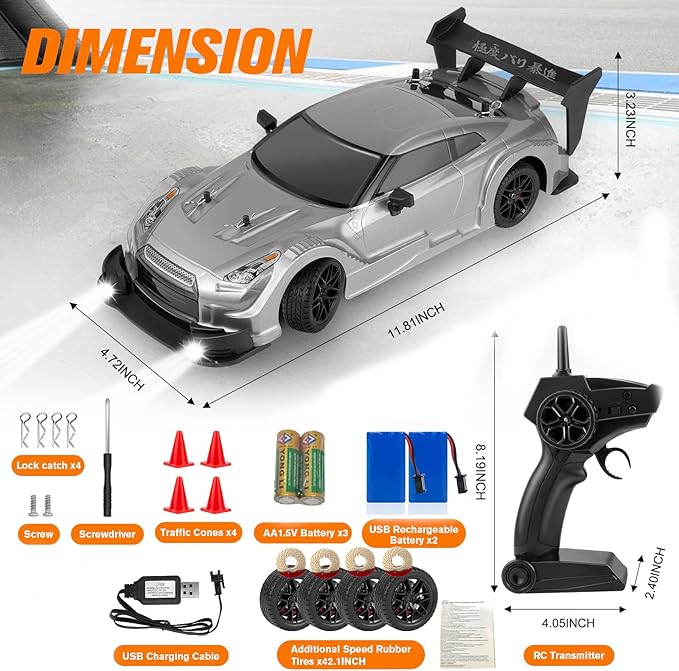 RC Drift Car 1:16 Scale Drifting RC Cars 2.4GHz 4WD RC Race Car 40km/h High-Speed Remote Control Drift Car Vehicle Racing Sport Toy Easter Basket Stuffers Gift for Boys Girls Kids(Silver)