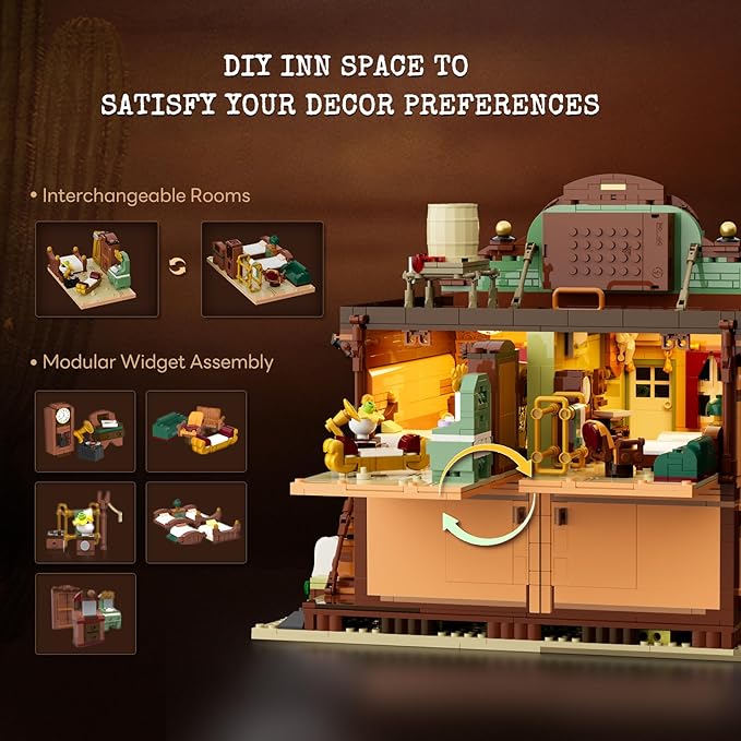 Western-Inn Lighting-Building-Bricks Set - 2682 Pcs The Old West Inn Light Construction Hotel Building Model Set for Adults and West Lovers