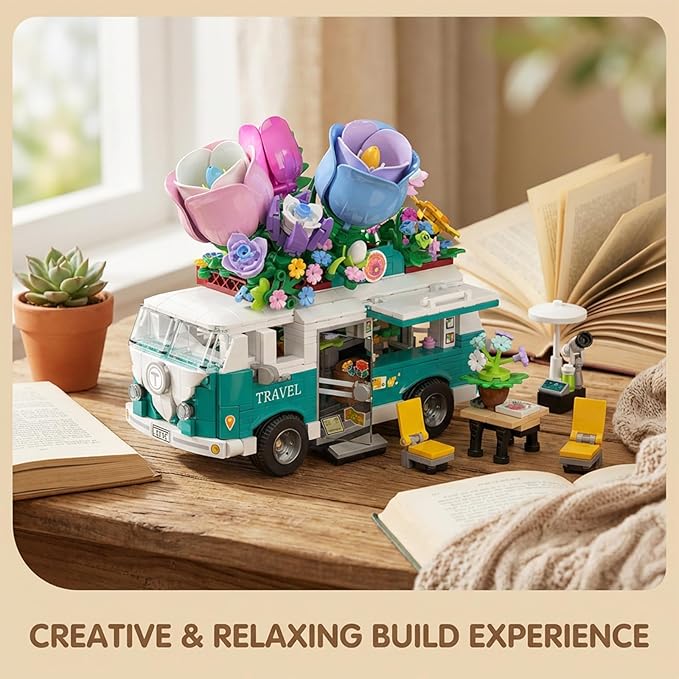 Flower Camper Van Building Set 862 Piece Botanical Travel Bus with Opening Side Cabin Outdoor Table Chairs Creative Gift for Teens Adults Home Decor STEM Educational Assembly Building