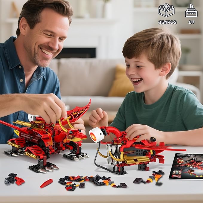 HOGOKIDS 5-in-1 Dragon Robot Building Toys with 6 Lighting Colors &amp 5 Light Effects - 354PCS Remote &amp App Control Robots Toy Set for Kids RC Robot Building Toys Gifts for Teens Boys Girls Age