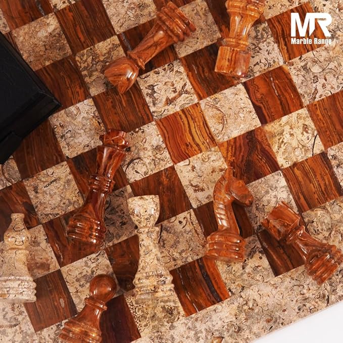 Marble Chess Set for Adults 15 Handmade Coral &amp Dark Brown Board Game with 32 Chess Pieces 2 Extra Queens &amp Storage Box Luxury Travel Game – Elegant Home Décor