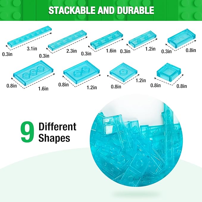 1200 Pieces Flat Pieces 9 Sizes Classic Moc Parts and Pieces Tiles Expansion Set - Compatible with All Major Brands Building Bricks Bulks for Smooth Surface Transparent Blue