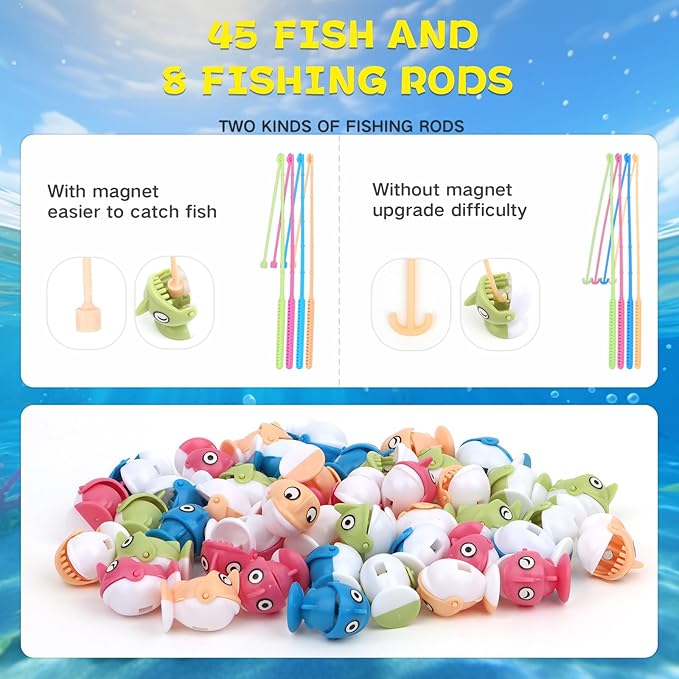 Magnetic Fishing Games Set - Educational Toddler &amp Kids Fishing Toys | 45 Fish 8 Poles Rotating Board with Music &amp LED | Ideal Go Fish Toy for Fun!