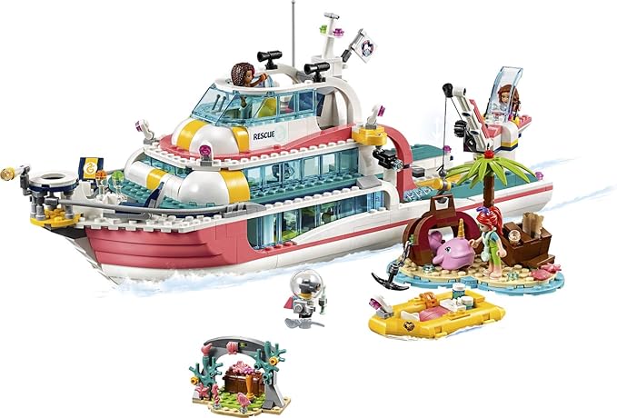LEGO Friends Rescue Mission Boat 41381 Toy Boat Building Kit with Mini Dolls and Toy Sea Creatures Rescue Playset Includes Narwhal Figure Treasure Box and More for Creative Play (908 Pieces)