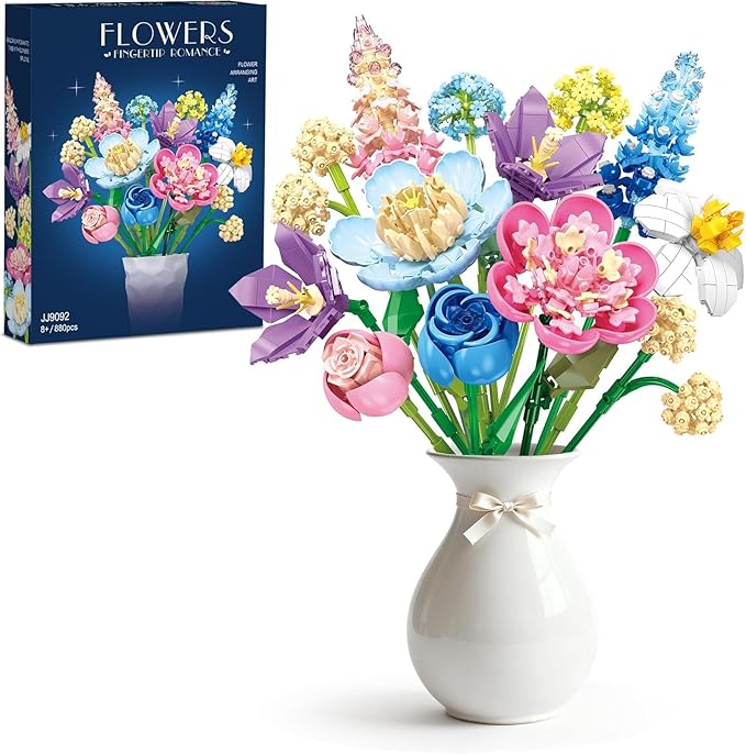 Spring Flowers Bouquet Building Set Botanicals Collection Artificial Flower Rose Peony Narcissus Balloon Flowers Flower Arrangement Art Home Decor Gift for Girls Women