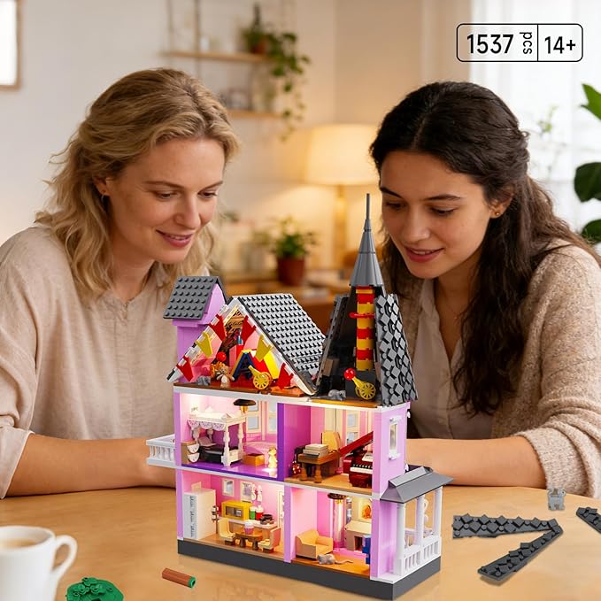 Pink Girls House Building Set with Light Haunted House Construction Building Toys Architecture Building Kit for Adults Compatible with Lego Halloween for 14+ (1537 PCS)
