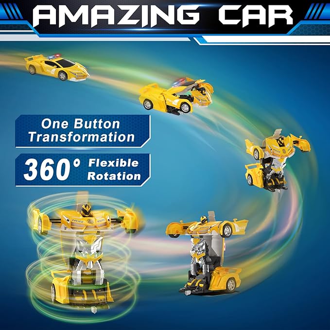 FDJ Remote Control Car - 2 in 1 Transform Car Robot One Button Deformation to Robot with Flashing Lights 1:18 Scale Transforming Car 360 Degree Rotating Drifting Toys for 5+ Year Old Boys
