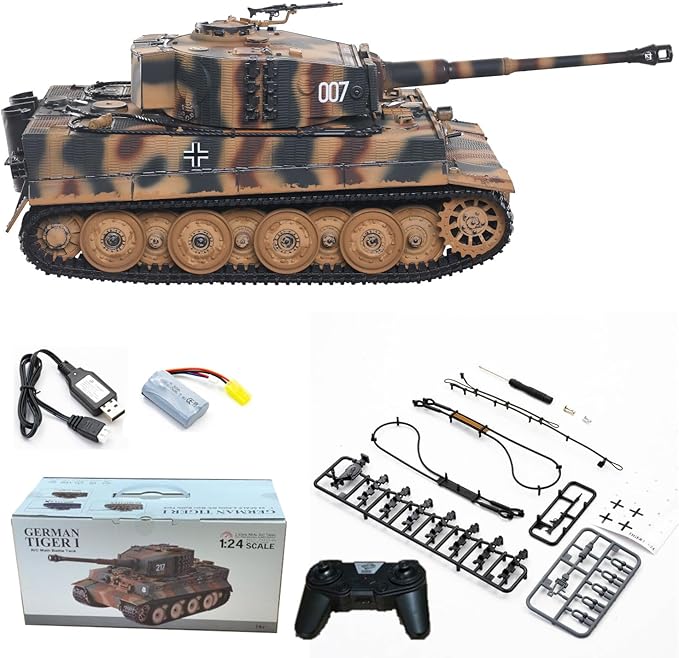 POCO DIVO German Tiger I Heavy Tank 1/24 Infrared IR Combat Panzer RTR 2.4Ghz RC Armored Vehicle Taigen 3841-11-L-C Late Version Airbrush Paint Sound Light Recoil WWII Military Model Camouflage