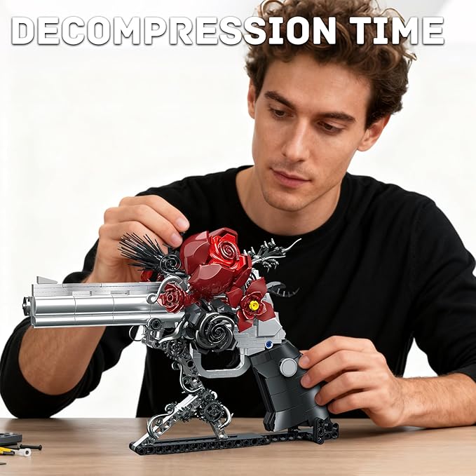 Guns &amp Petals Decorative Revolver Building Blocks with Red Roses Gothic Rose Revolver Building Kit Gothic Style Display Piece Creative Gift for Adults Teens 631 PCS