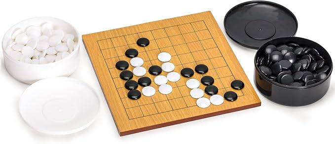Yellow Mountain Imports Beechwood Veneer 0.4-Inch Etched Beginner's 9x9 Go Game Set Board with Single Convex Melamine Stones - Classic Strategy Board Game (Baduk/Weiqi)