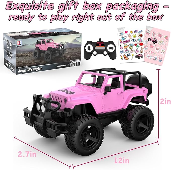 DOUBLE E Jeep Licensed 1:14 Scale Pink Remote Control Car for Girls with 2*DIY Stickers Open-top Design RC Jeep 80Min Play 2.4Ghz Off Road RC Trucks with LED Lights Birthday/Xmas Gifts for Girls 6+