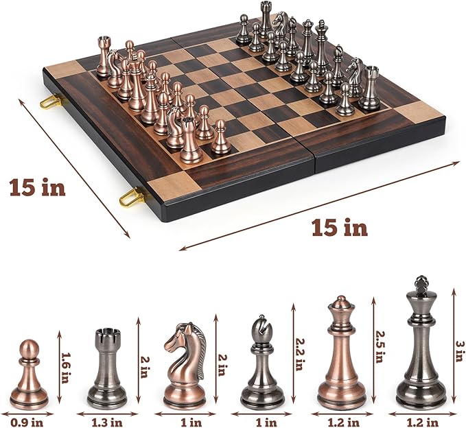 15-Inch Large Metal Chess Set for Adults and Kids with Metal Chess Pieces – Foldable Wooden Board with Storage Portable Classic Game Set for Travel &amp Home Elegant Gift for Chess Enthusiasts